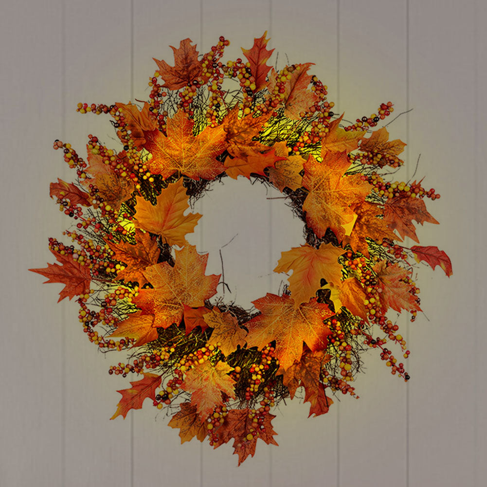 Lighted Maple Leaves Rattan Wreath with Berries Autumn Decor