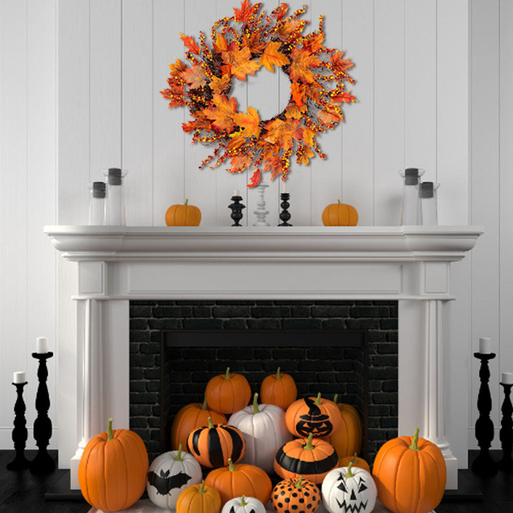 Lighted Maple Leaves Rattan Wreath with Berries Autumn Decor