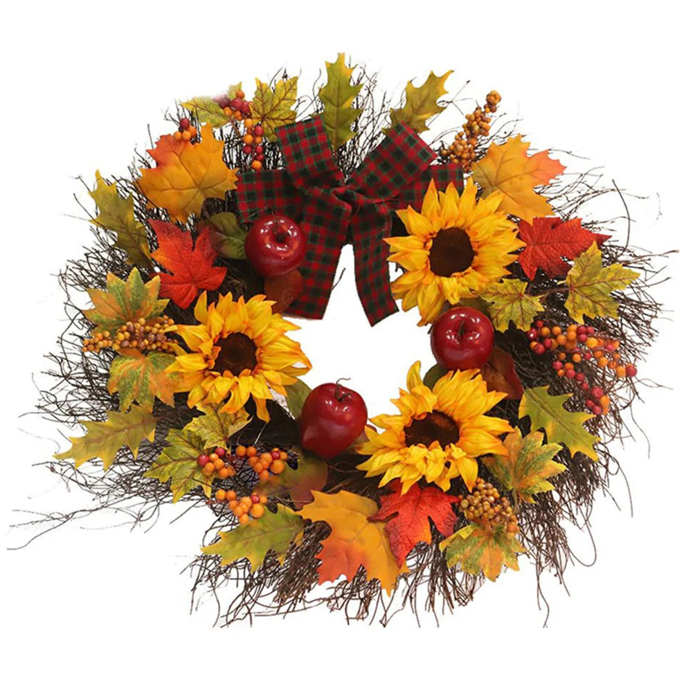 Prelit Autumn Wreath with Artificial Maple Leaves and Sunflowers