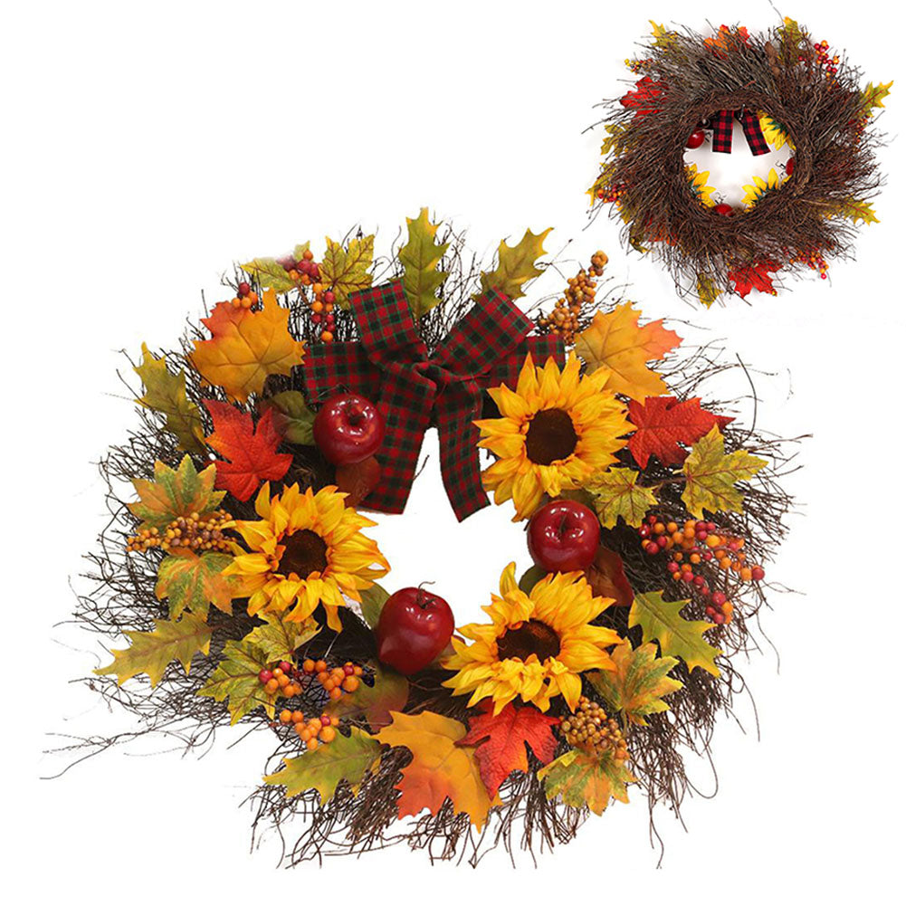 Prelit Autumn Wreath with Artificial Maple Leaves and Sunflowers