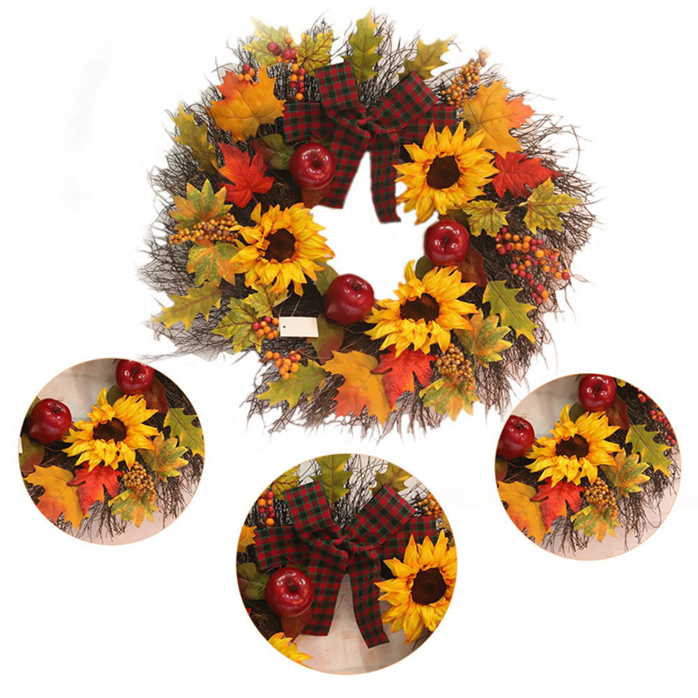 Prelit Autumn Wreath with Artificial Maple Leaves and Sunflowers