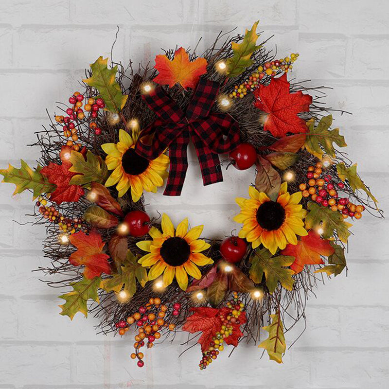 Prelit Autumn Wreath with Artificial Maple Leaves and Sunflowers