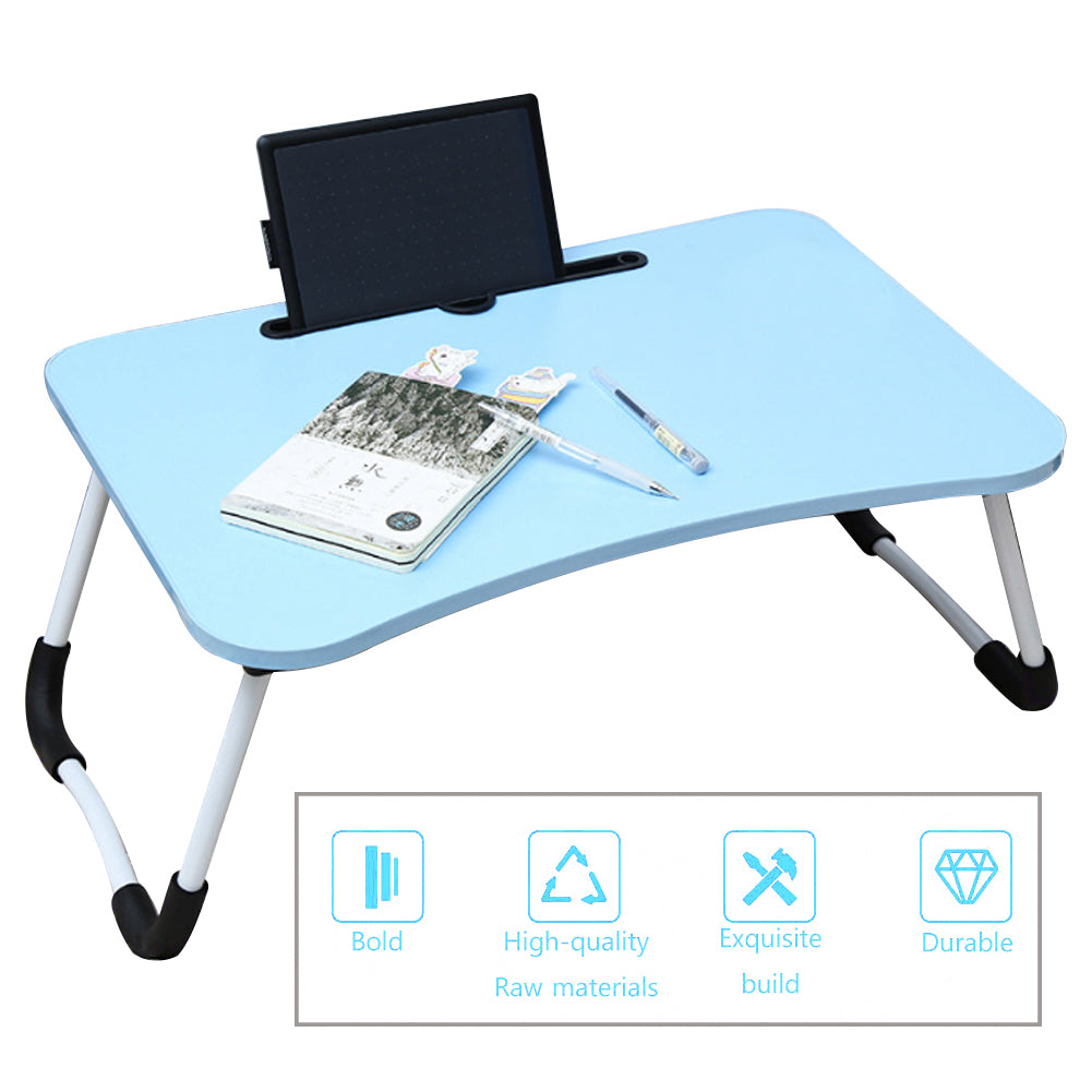 New Foldable Overbed Table with Non Slip Legs Blue Tabletop