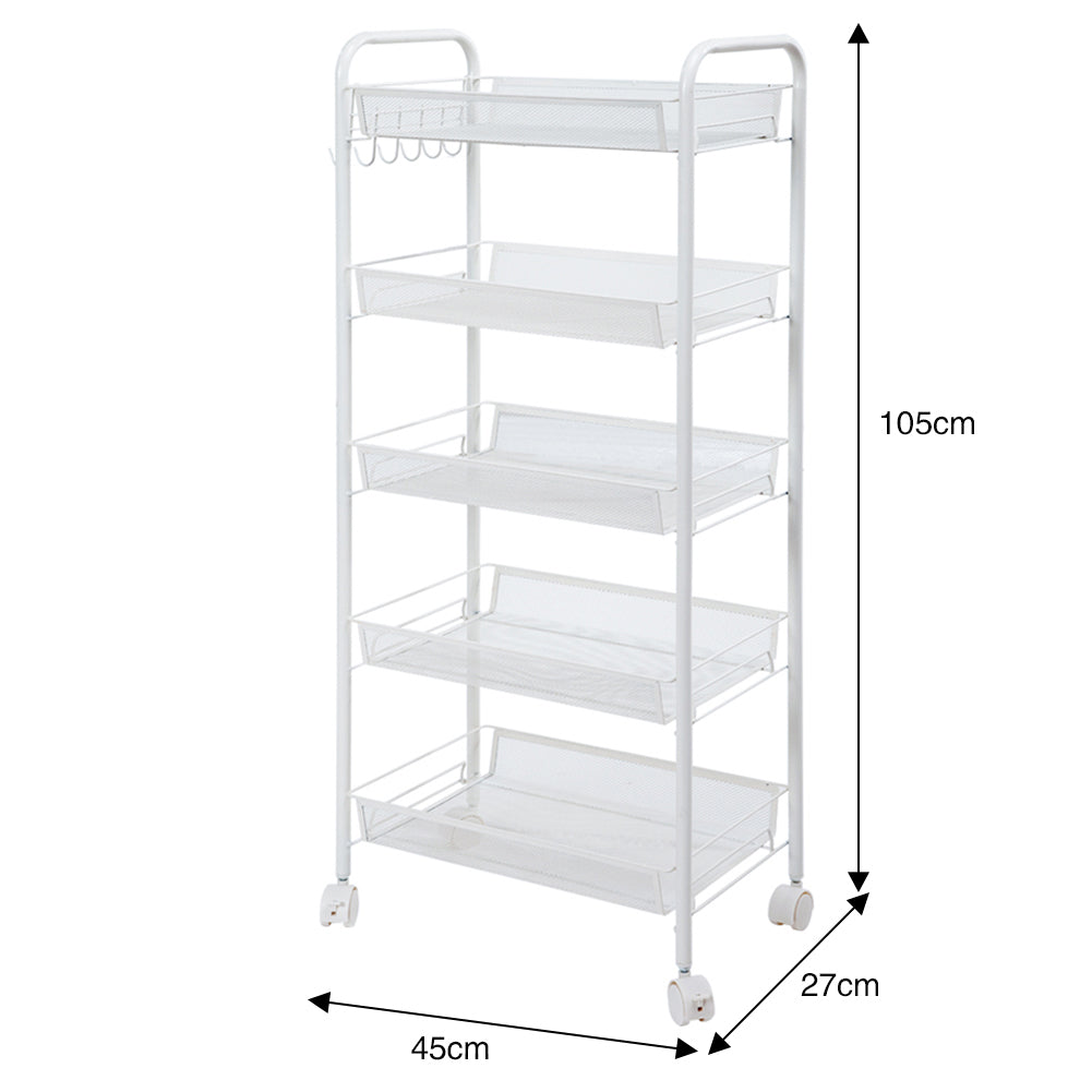 New 5 Tier Metal Mesh Storage Trolley with Wheels White