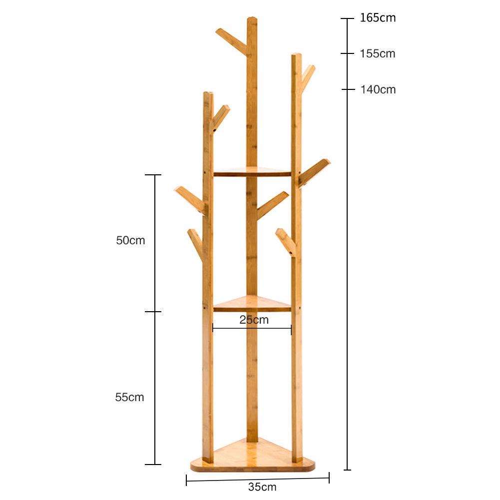 Wooden Coat Rack Stand with 3 Shelves for Entryway Light Brown