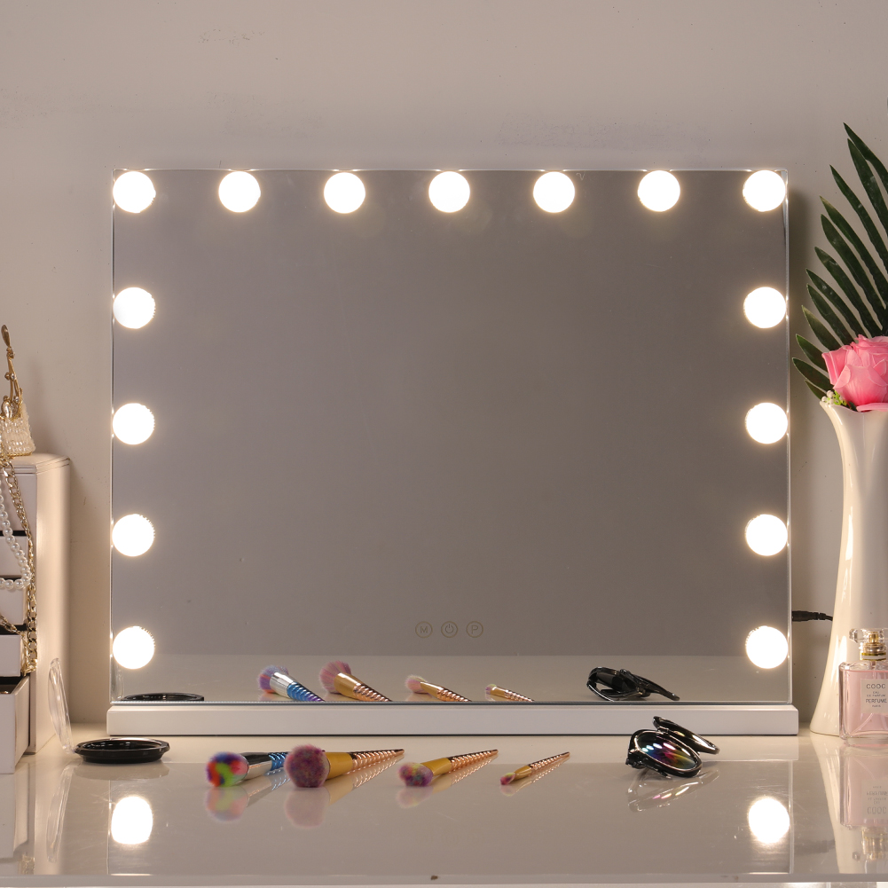 New Rectangle Tabletop Hollywood Vanity Mirror with Lights 15 Light Bulbs
