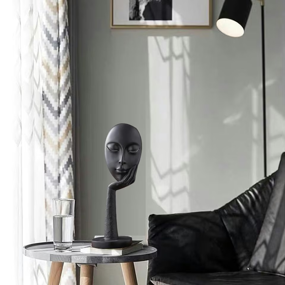 Abstract Resin Woman Face Statue 37cm Black