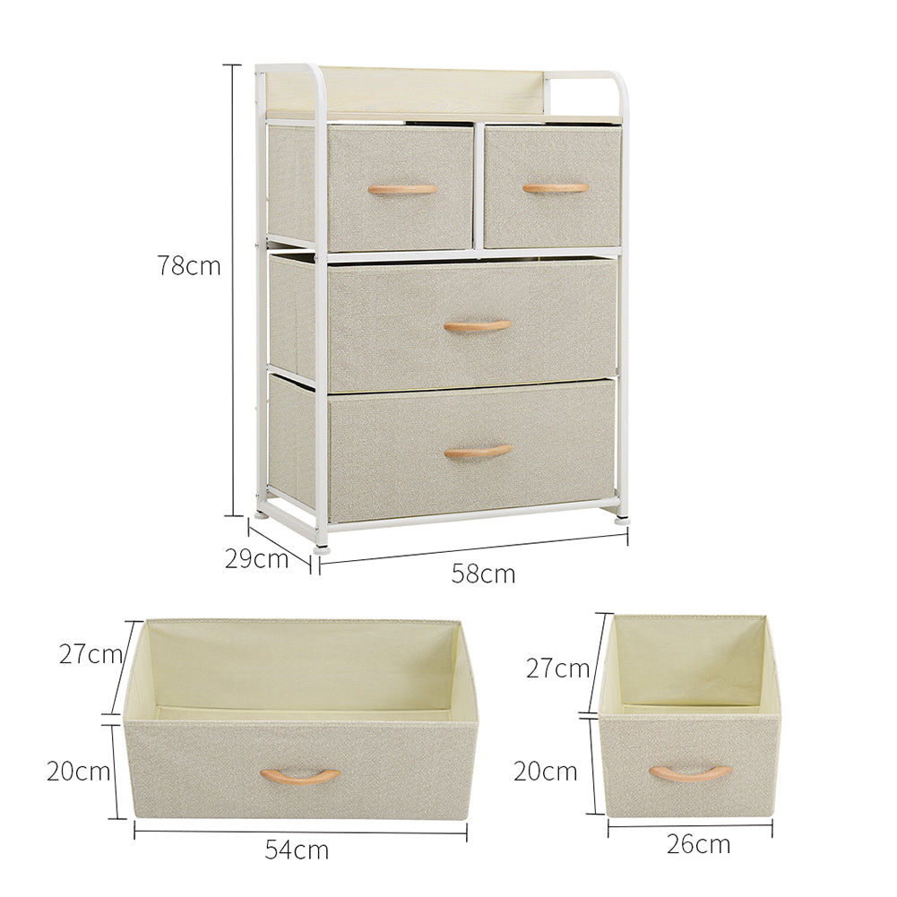 New Beige Fabric 4 Drawer Storage Cabinet with White Metal Frame
