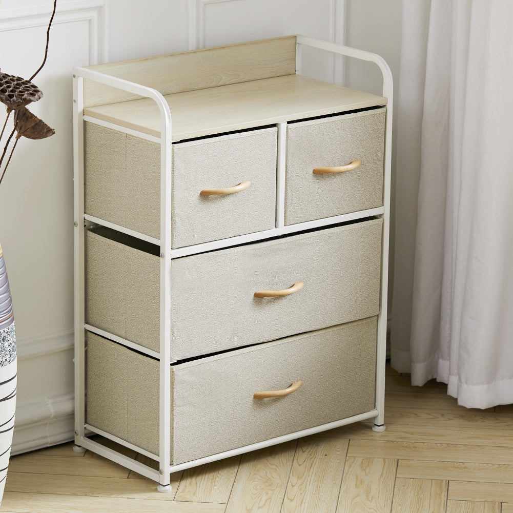 New Beige Fabric 4 Drawer Storage Cabinet with White Metal Frame