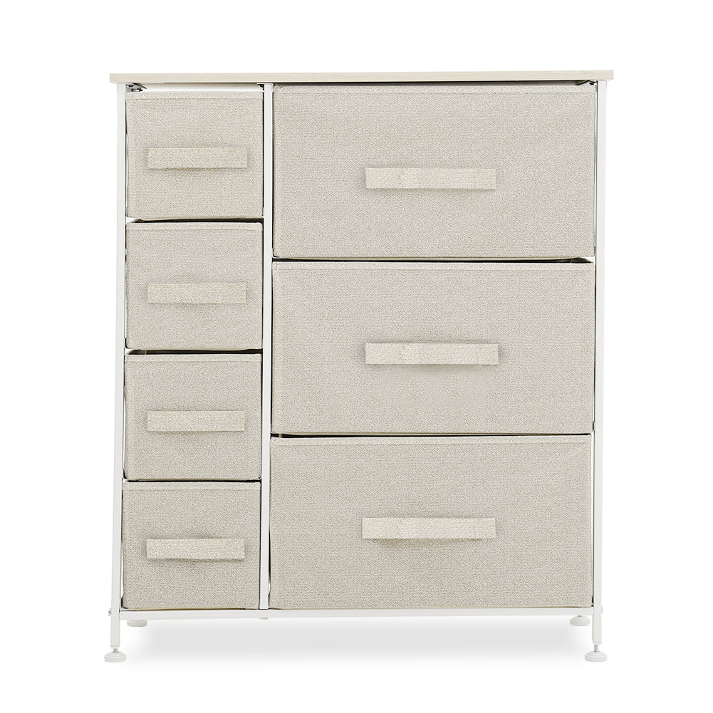 New Beige Fabric 7 Drawer Storage Cabinet with White Metal Frame and Wooden Top