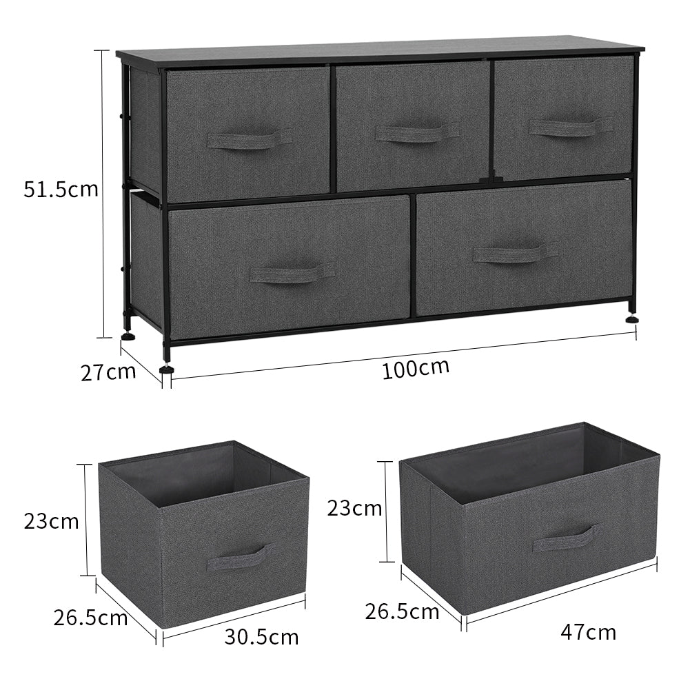 New Dark Grey Fabric 5 Drawer Storage Cabinet with Black Metal Frame and Wooden Top