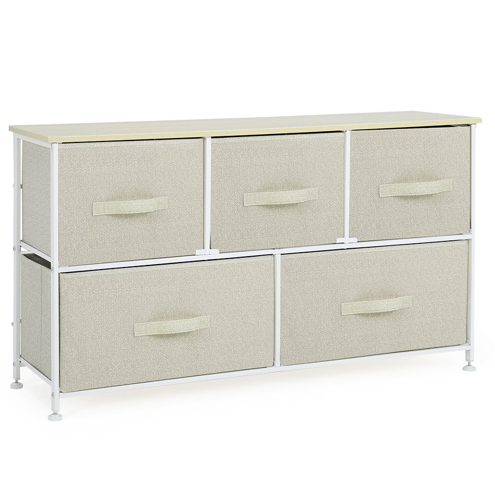 New Modern Beige Fabric Storage Cabinet with 5 Drawers and White Metal Frame