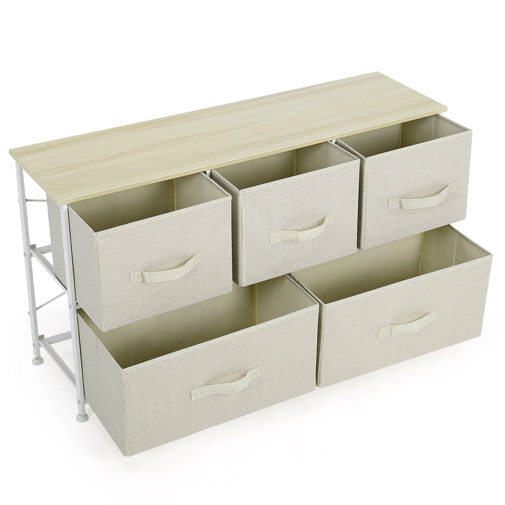 New Modern Beige Fabric Storage Cabinet with 5 Drawers and White Metal Frame