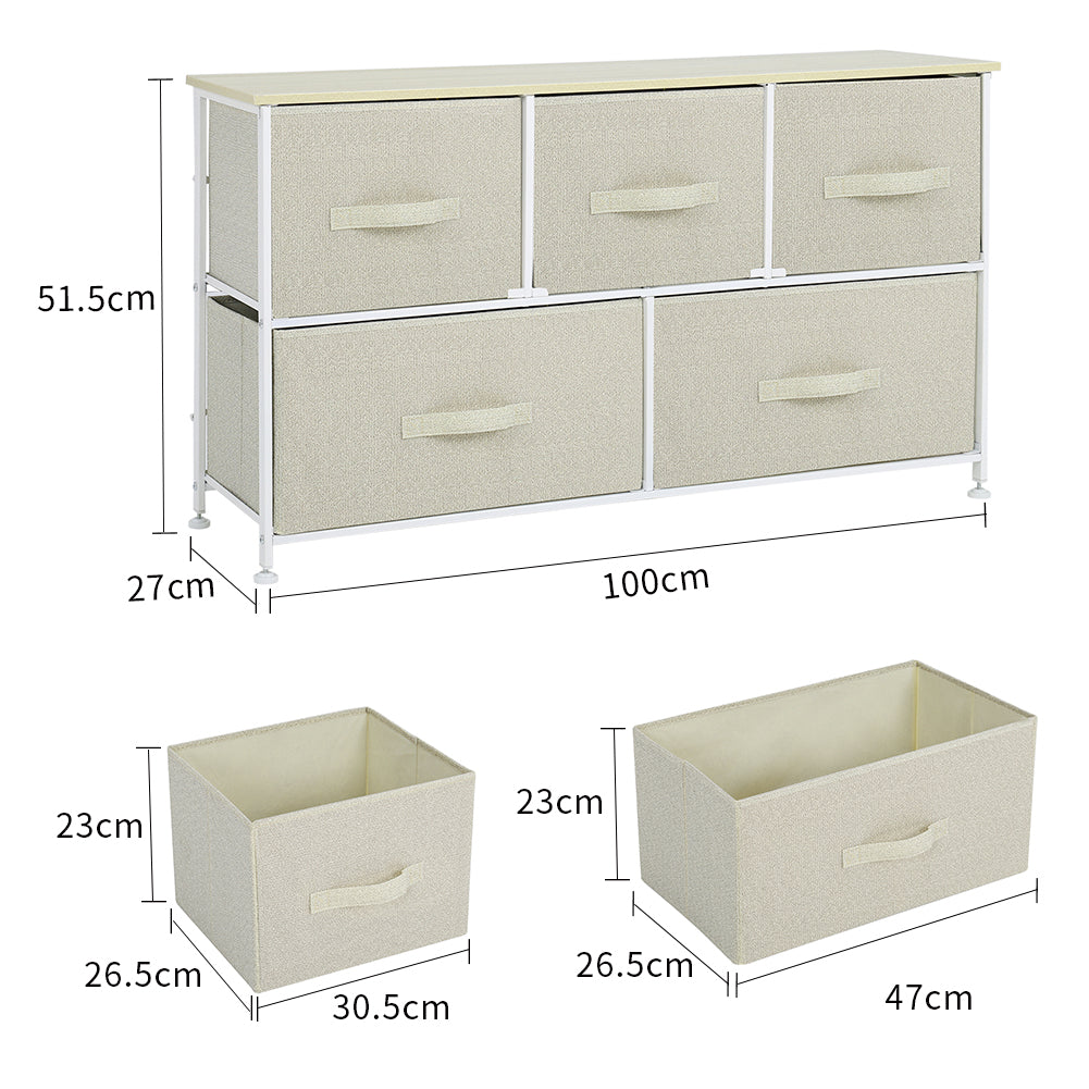 New Modern Beige Fabric Storage Cabinet with 5 Drawers and White Metal Frame