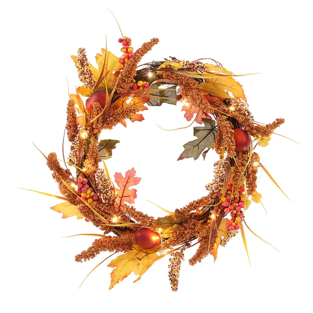 Large Autumn Golden Sorghum Door Wreath with LED Lights