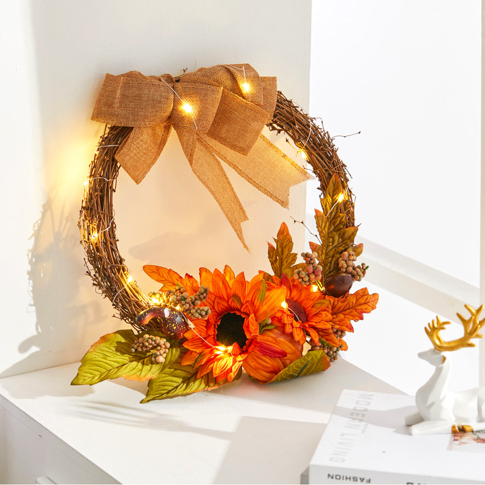 Halloween Home Decoration Artificial Sunflower Wreath with Lights