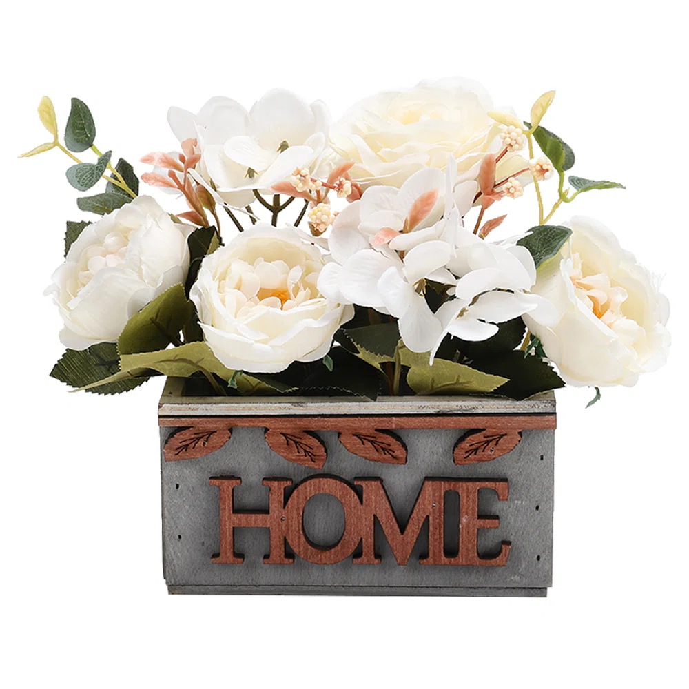 Country style Fake Hydrangea Peony in Rustic Wooden Planter Tabletop Decoration
