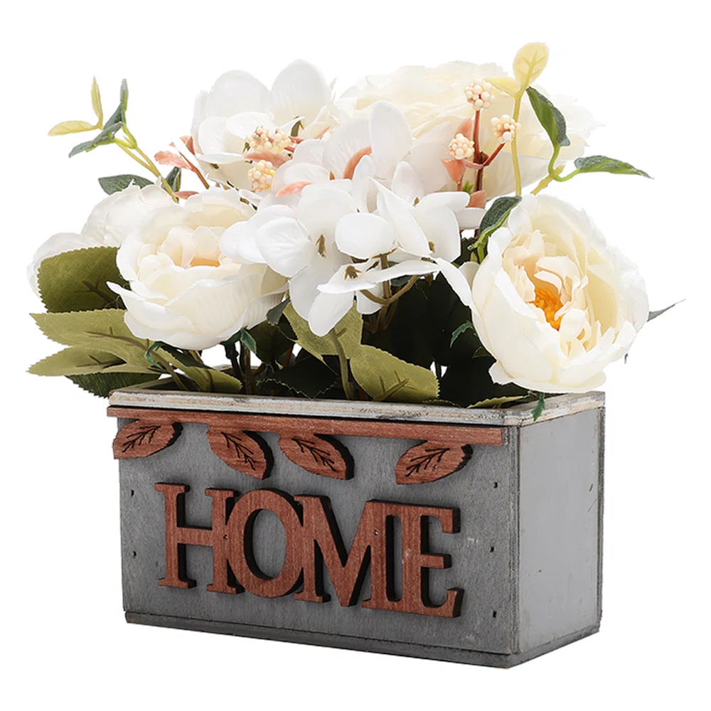 Country style Fake Hydrangea Peony in Rustic Wooden Planter Tabletop Decoration