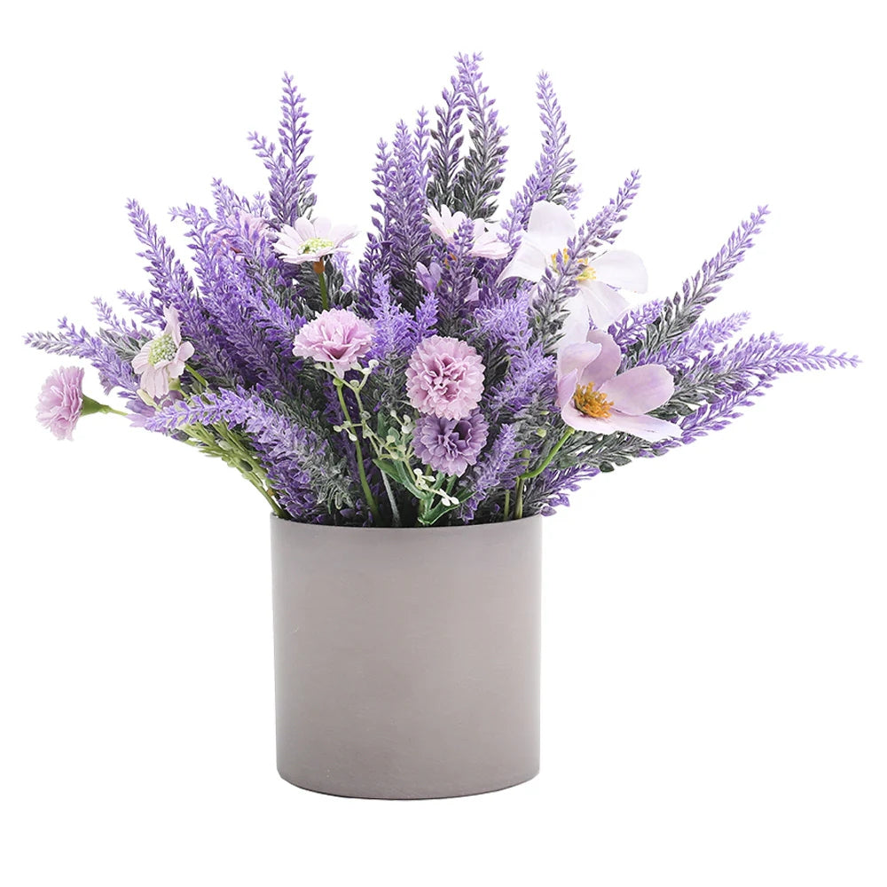 Artificial Lavender Potted Purple Flower Rustic Wood Planter Tabletop Decor