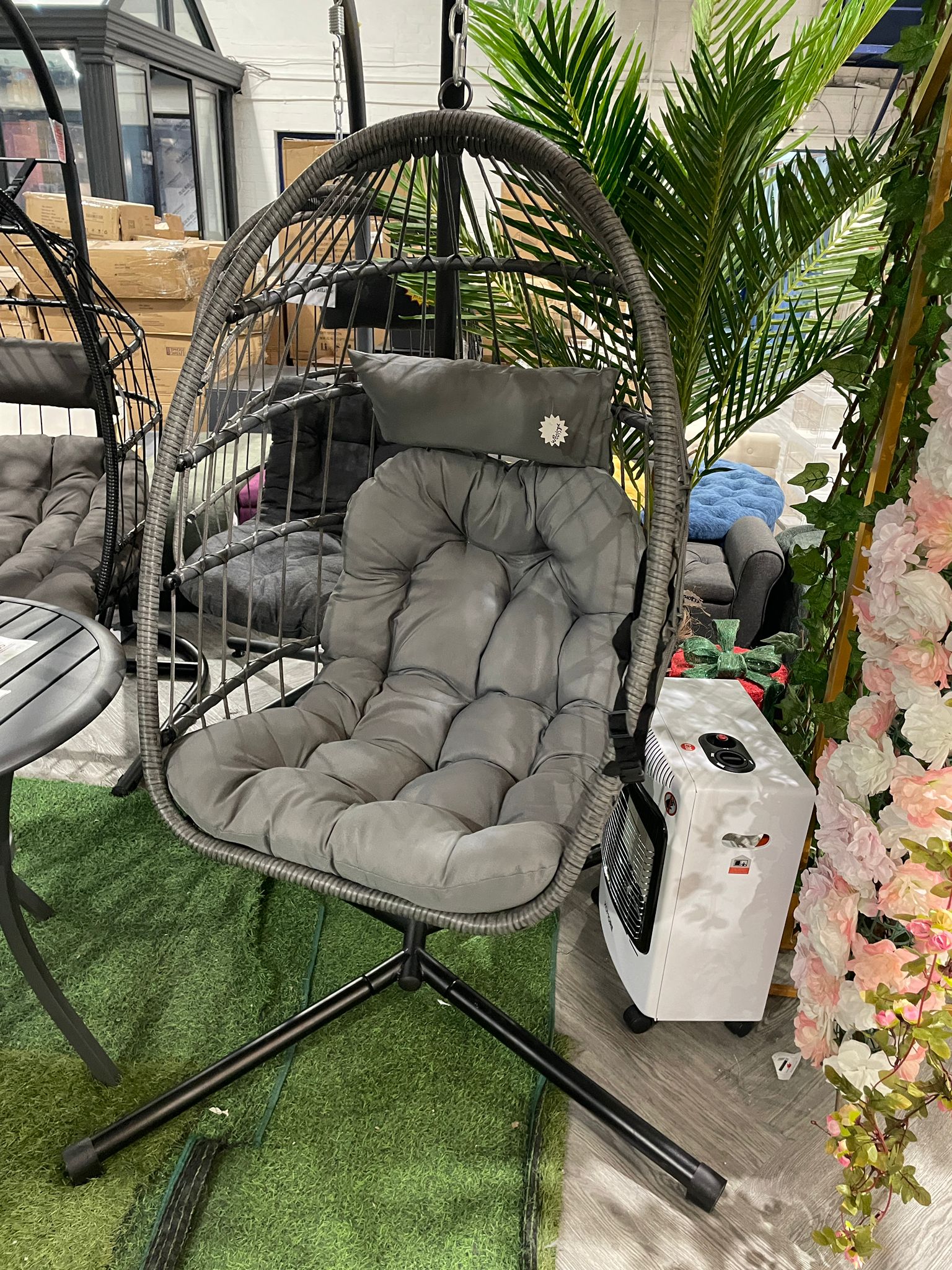 Hanging Chair with Stand and Cushions Grey