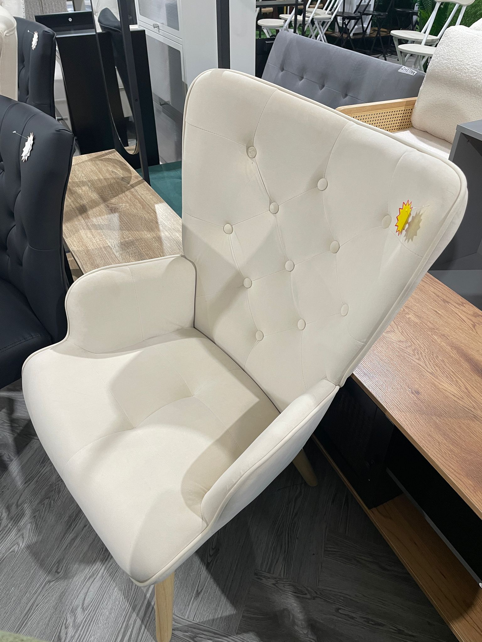 Flannel Upholstered Tufted Lounge Chair with Wooden Legs Beige