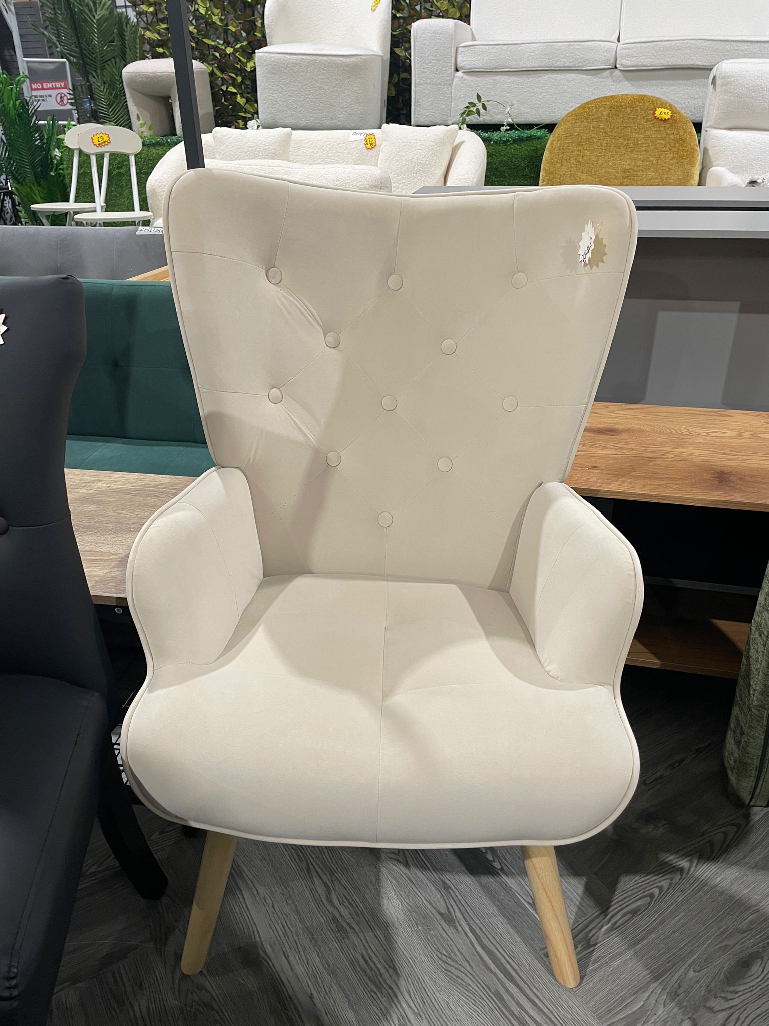 Flannel Upholstered Tufted Lounge Chair with Wooden Legs Beige