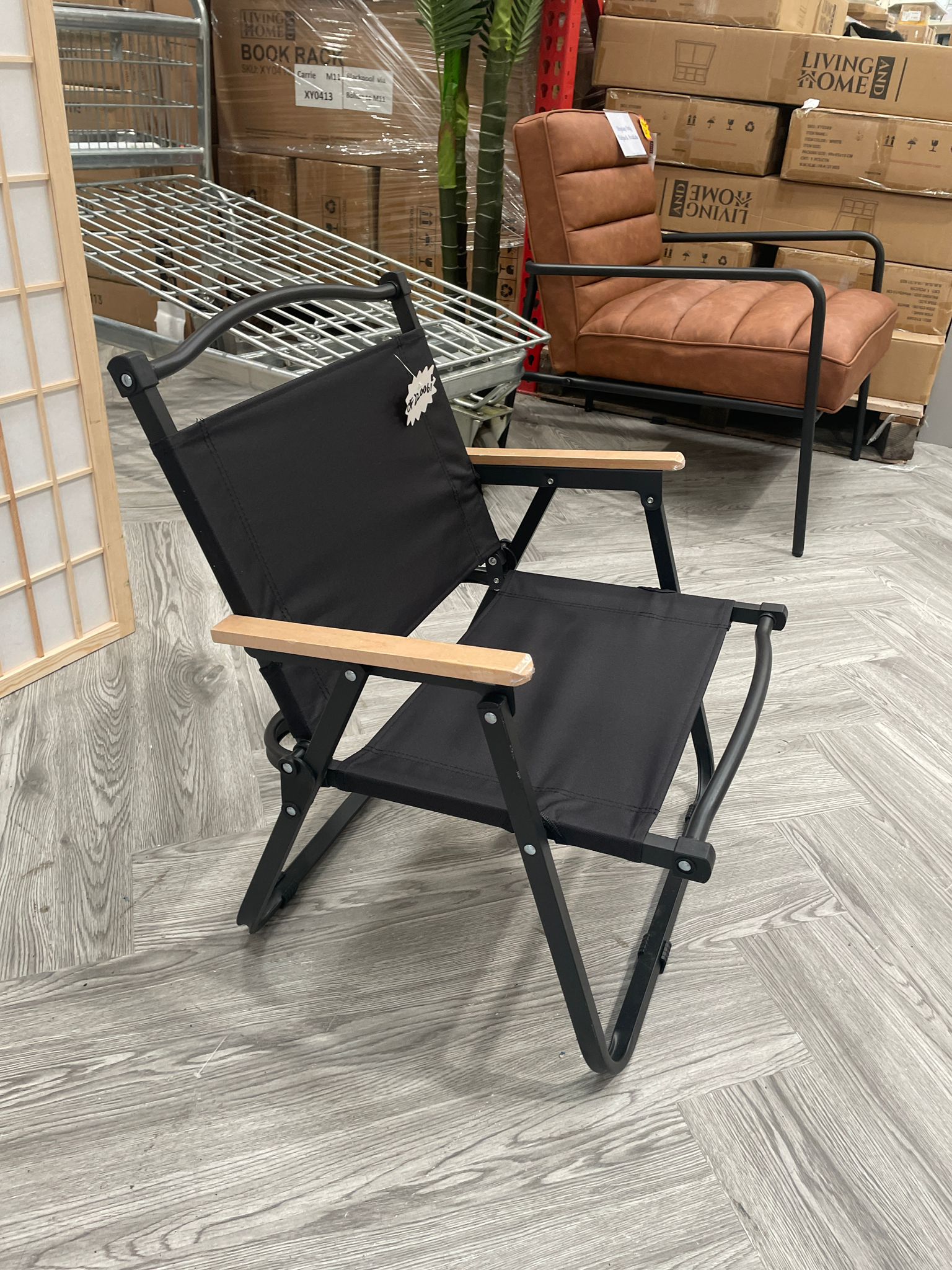 Portable Camping Chair with Wooden Armrest Black