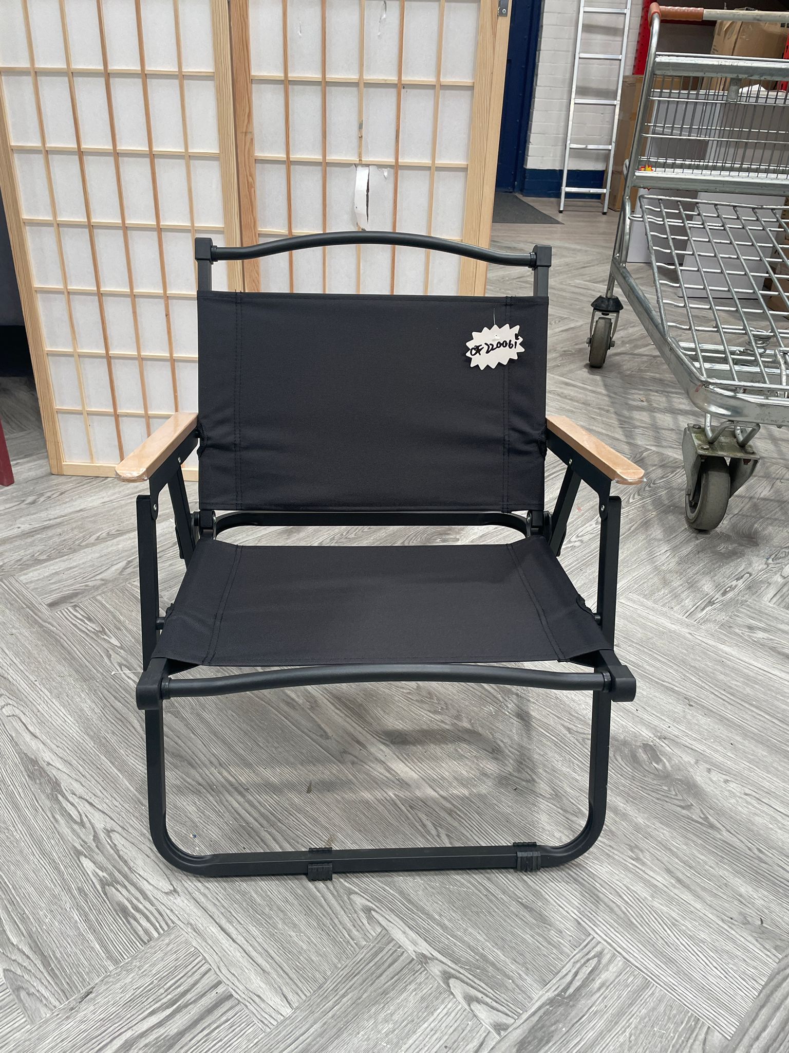 Portable Camping Chair with Wooden Armrest Black