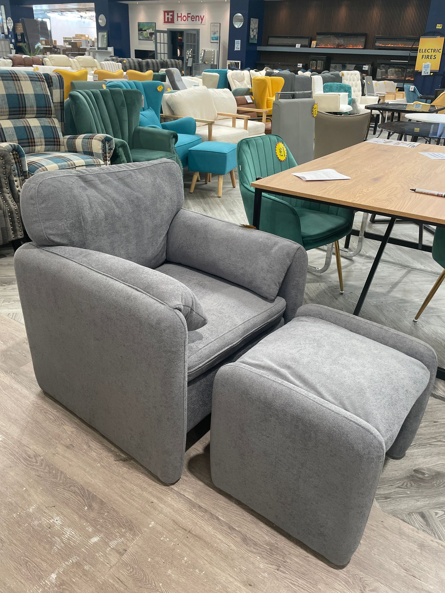 Chenille Upholstered Armchair with Footstool Grey