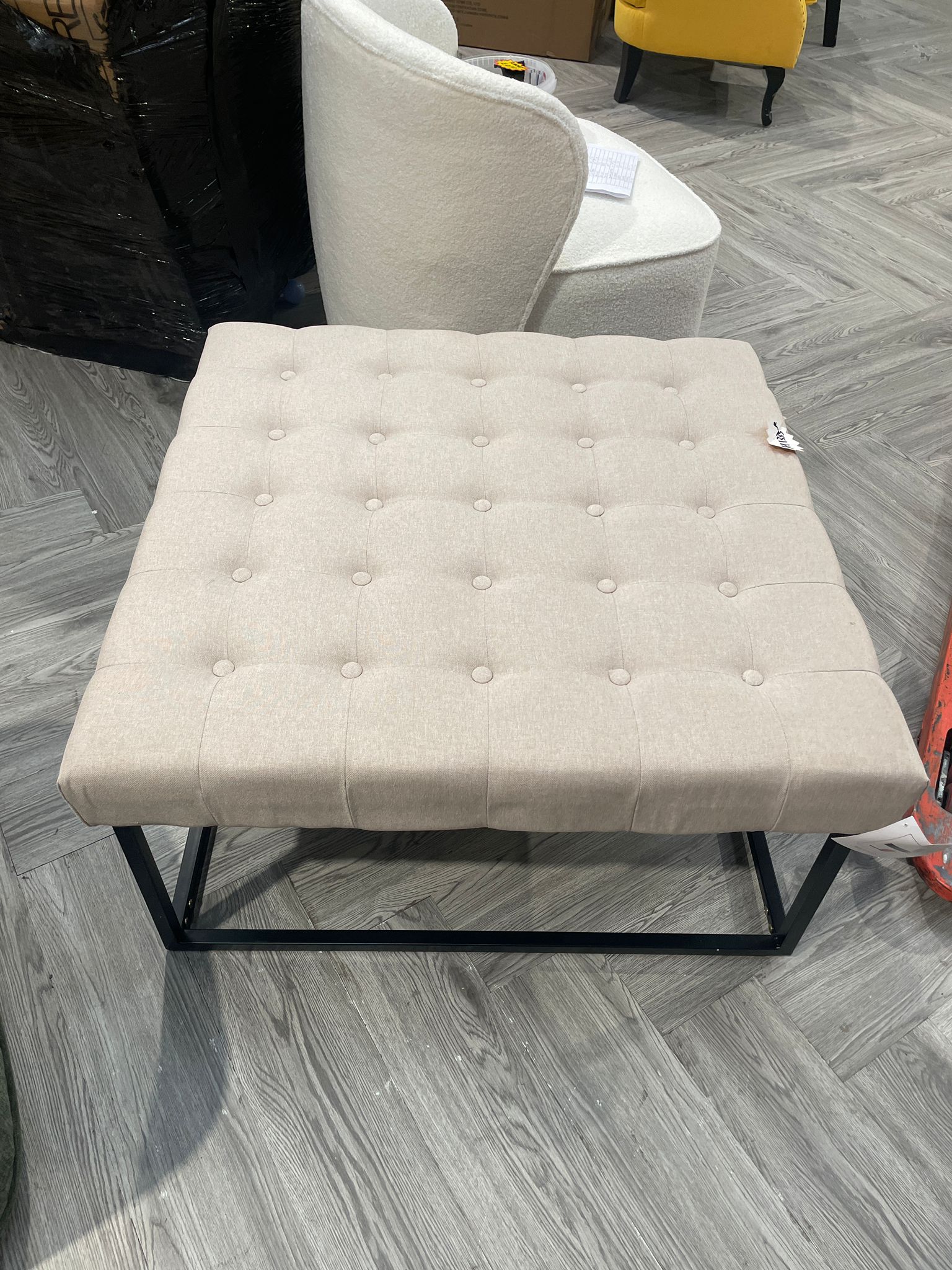Square Linen Footstool with Metal Frame Beige