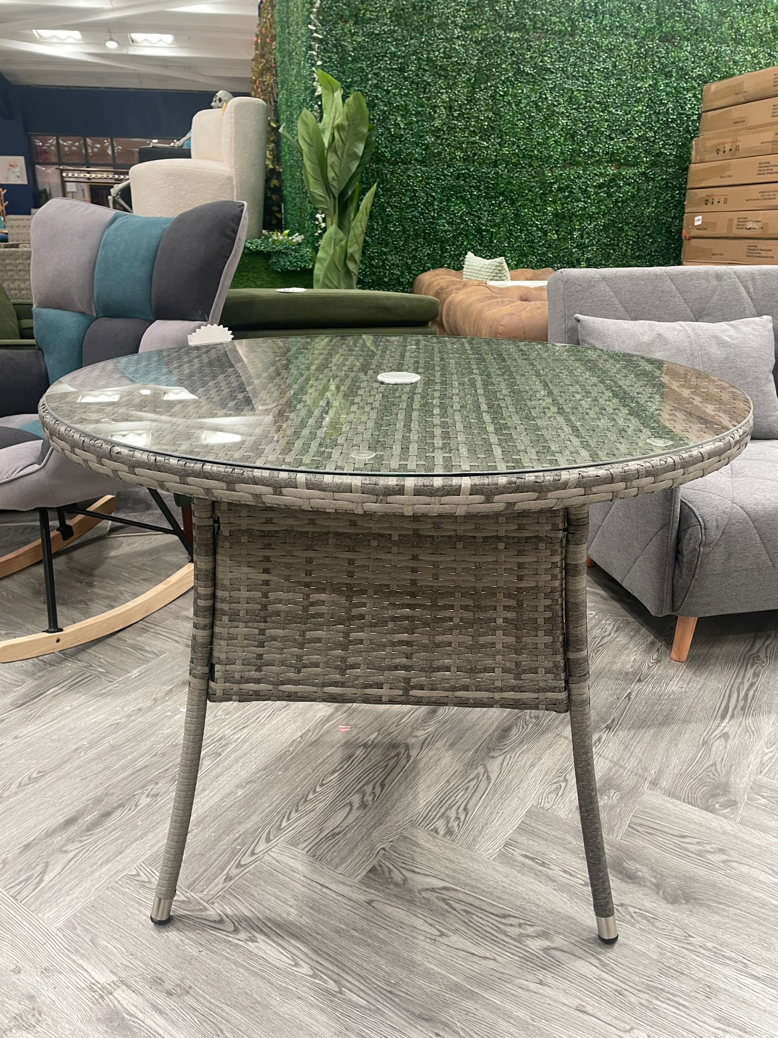Garden Rattan Tempered Glass Dining Table with Parasol Hole 100cm D