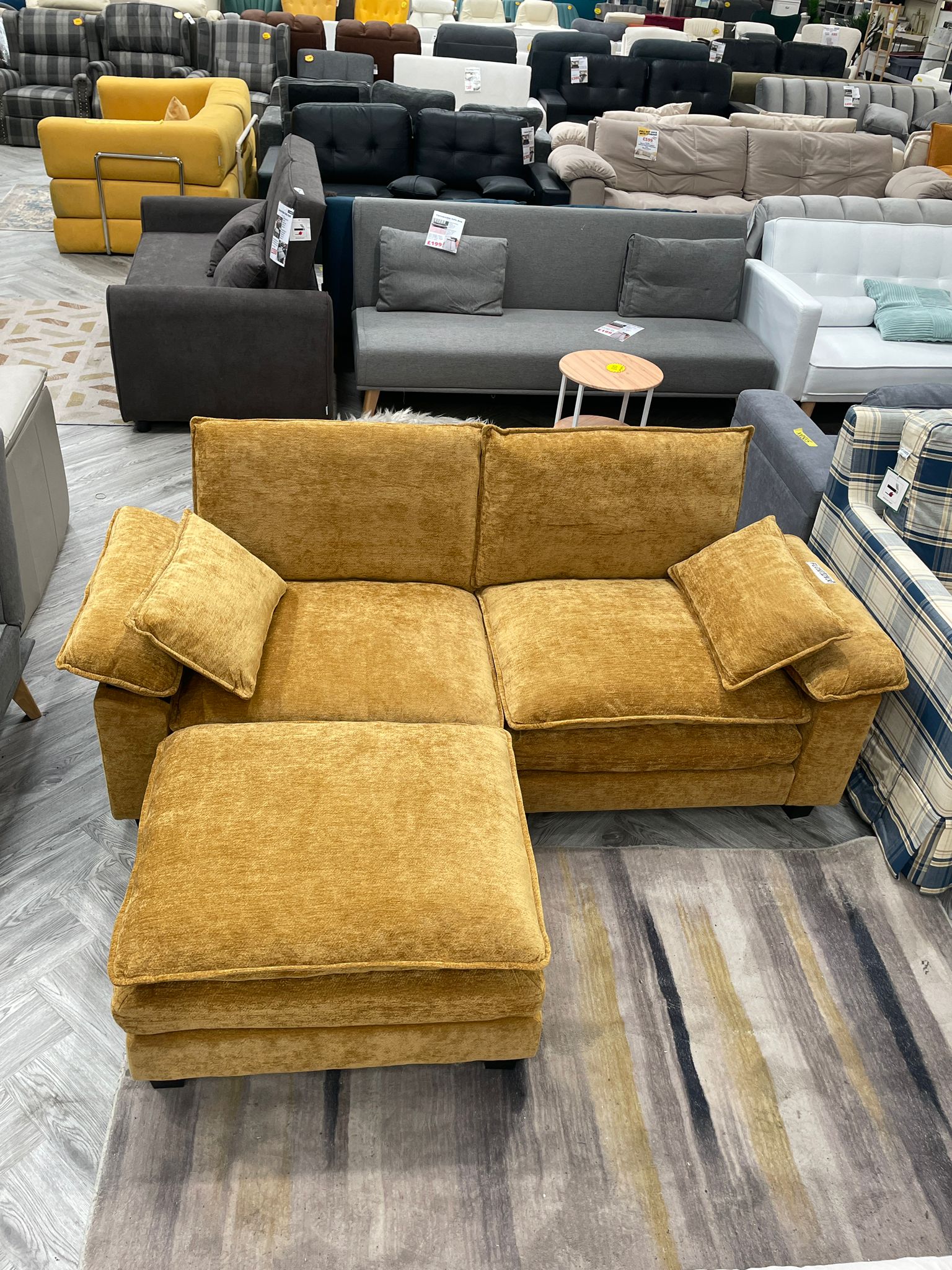 Chenille Upholstered Sectional Sofa with Ottoman and Lumbar Pillows Yellow