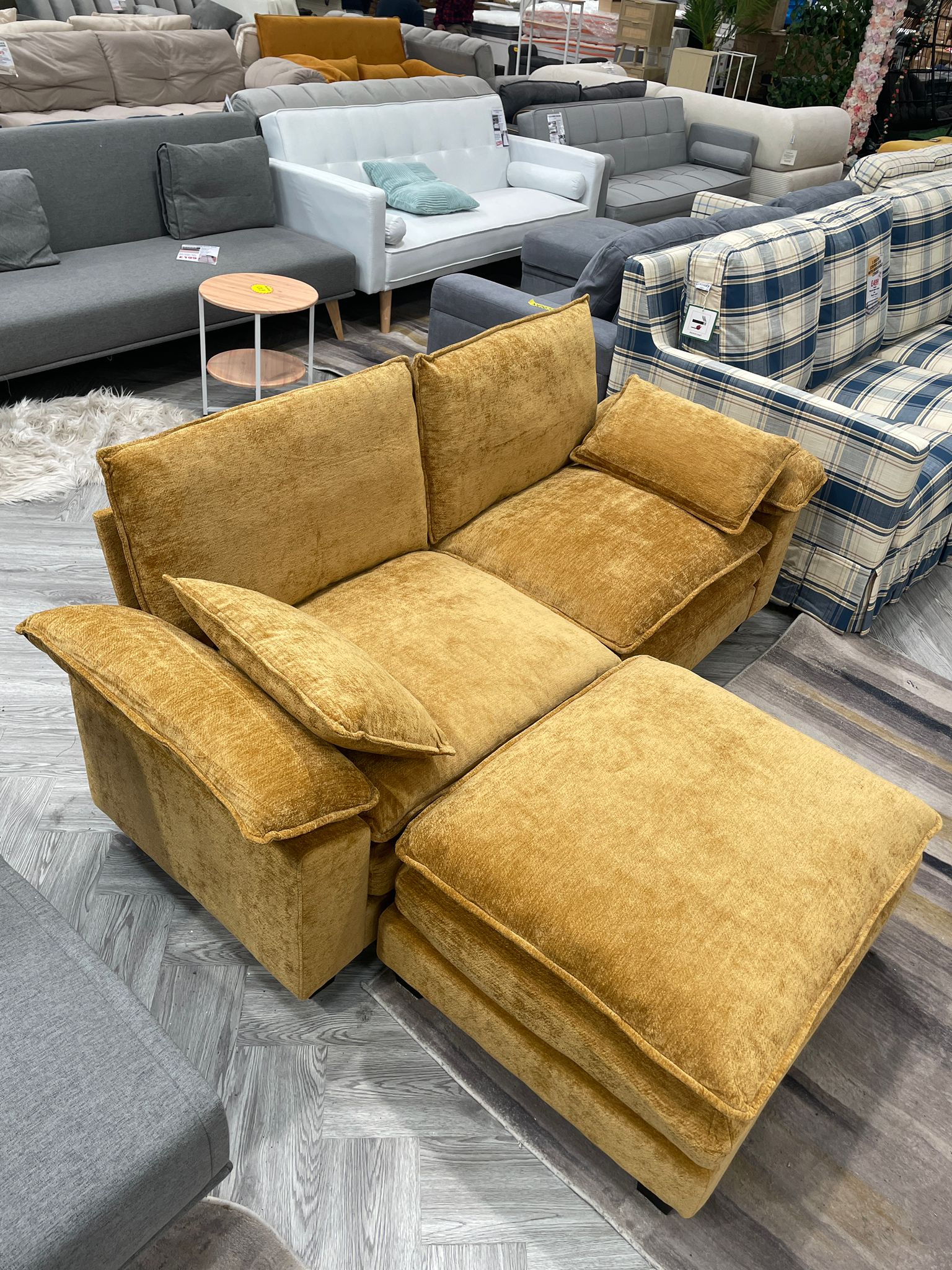 Chenille Upholstered Sectional Sofa with Ottoman and Lumbar Pillows Yellow
