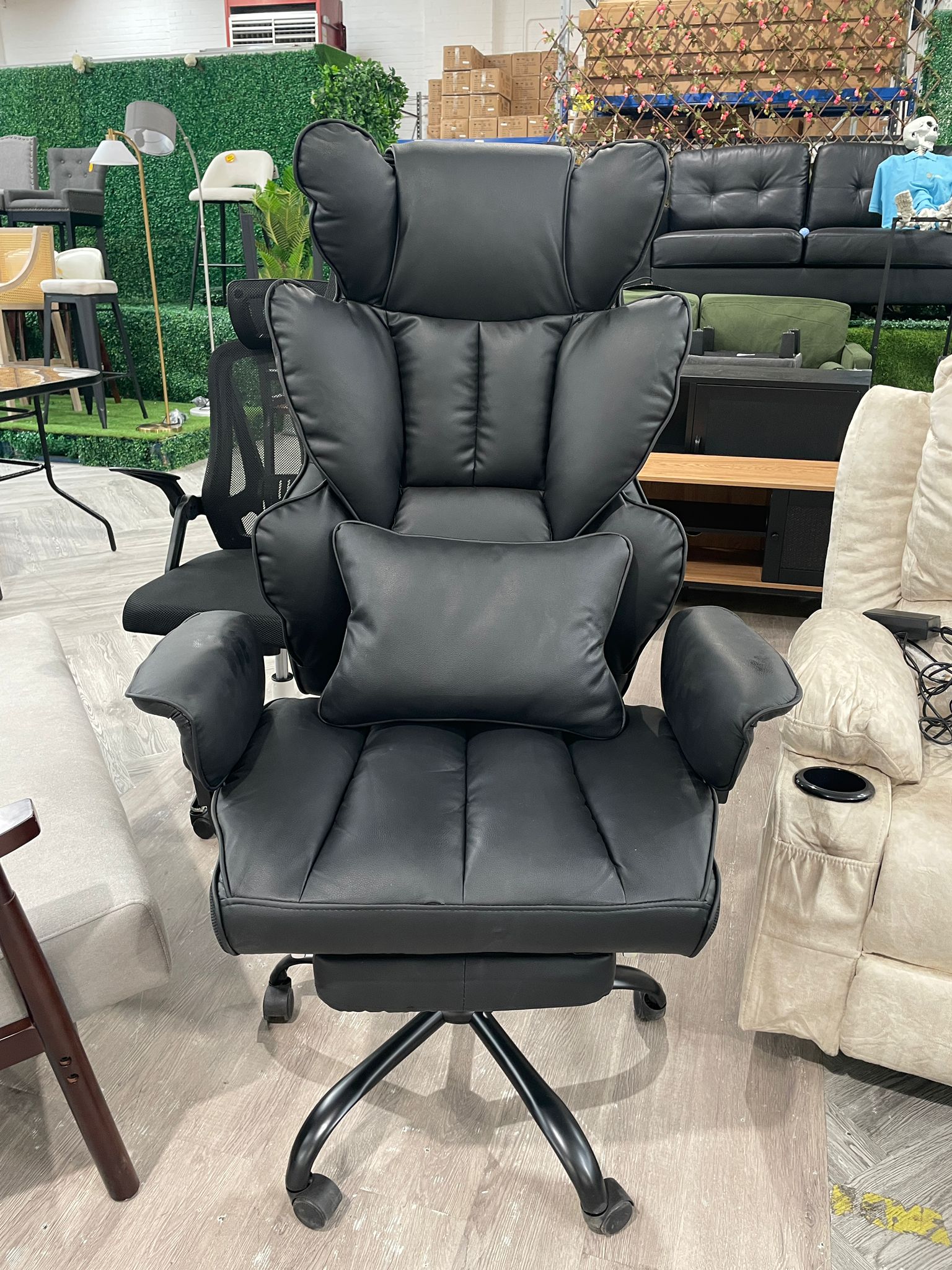 Height Adjustable High Back Swivel Office Chair with Retractable Footrest Black