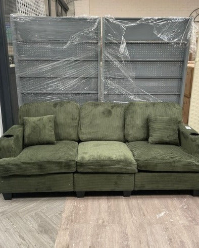 3 Seater Corduroy Upholstered Sectional Sofa with Throw Pillows Green