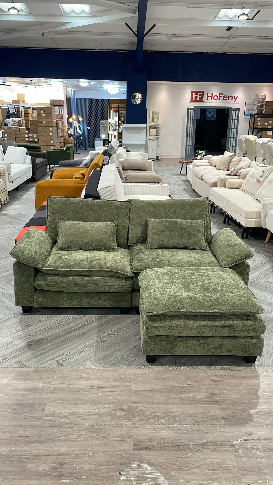2 Seater Chenille Sectional Sofa with Ottoman and Lumbar Pillows Green