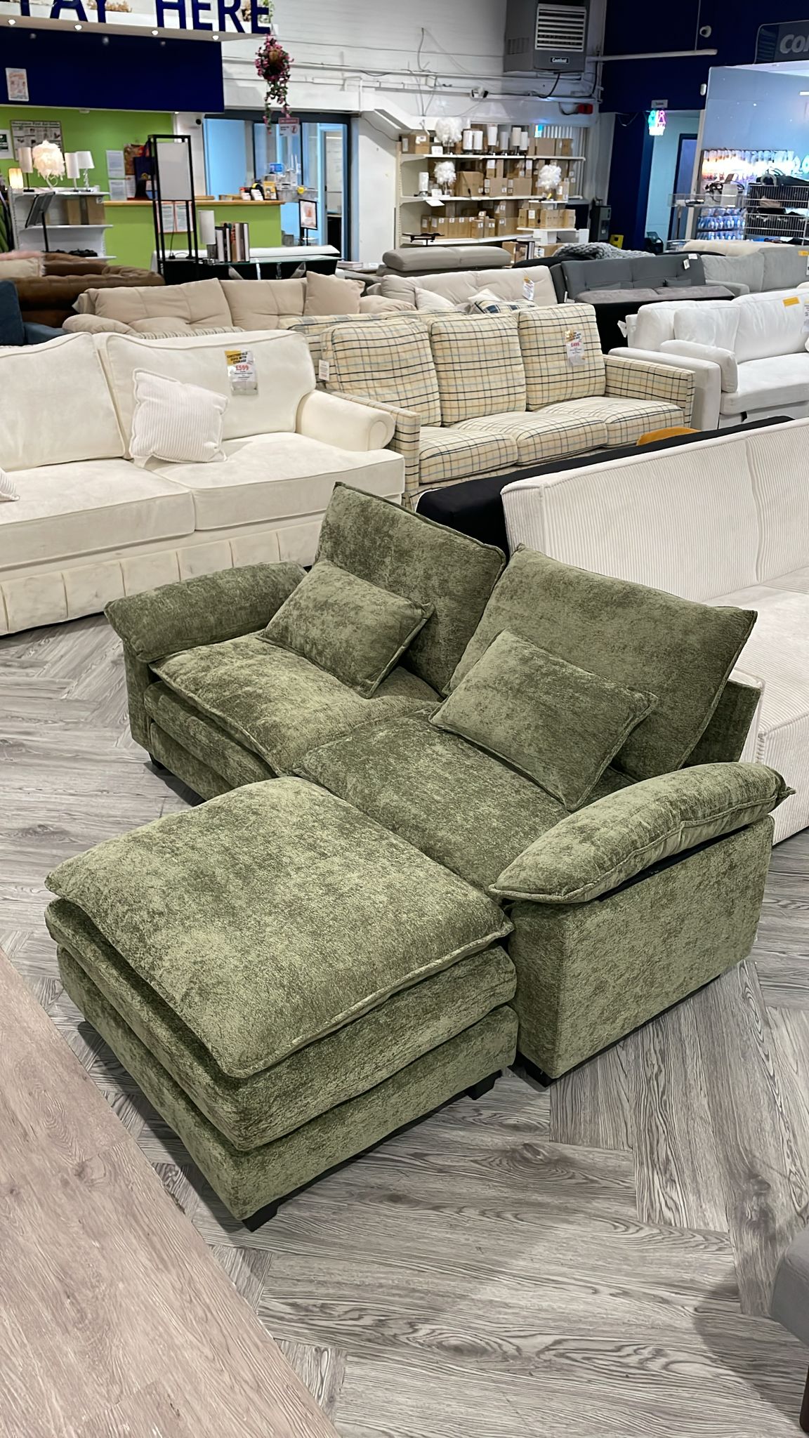 2 Seater Chenille Sectional Sofa with Ottoman and Lumbar Pillows Green