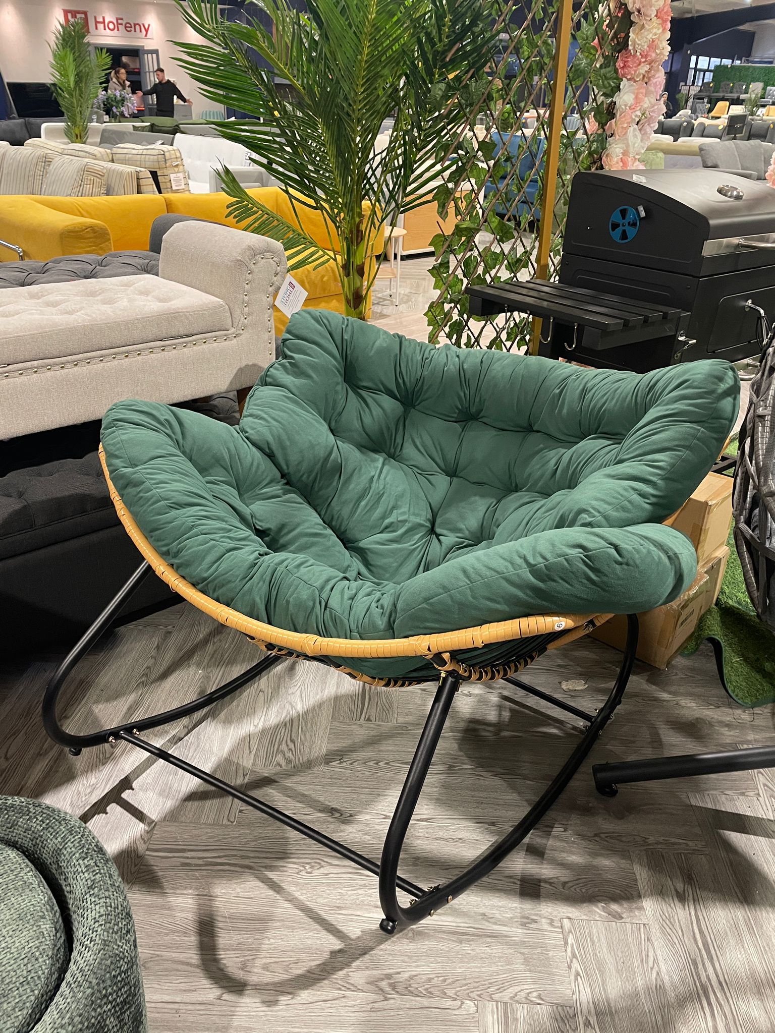 Modern Rocking Chair with Cushion and Metal Base Green