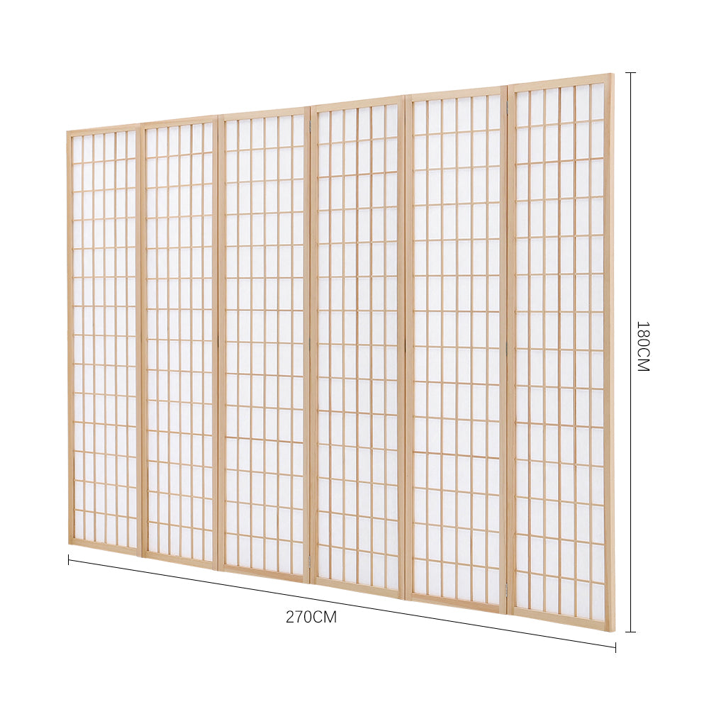 6-Panel Solid Wood Folding Room Divider Screen Natural