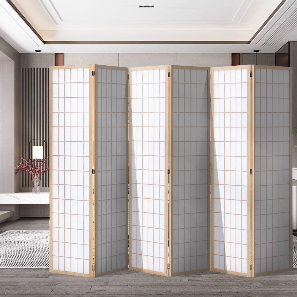 6-Panel Solid Wood Folding Room Divider Screen Natural