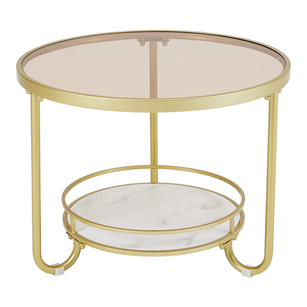 Round Glass and Slate Coffee Table 2 Tier Gold