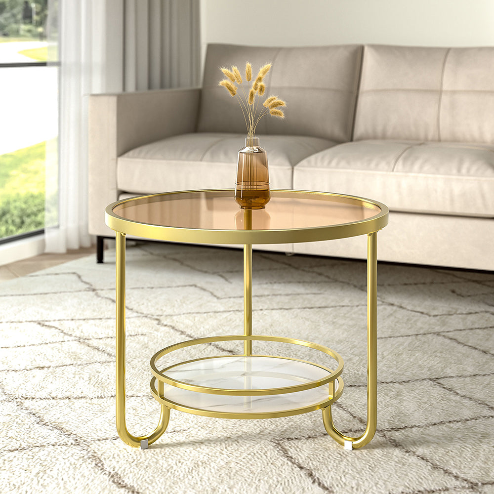 Round Glass and Slate Coffee Table 2 Tier Gold