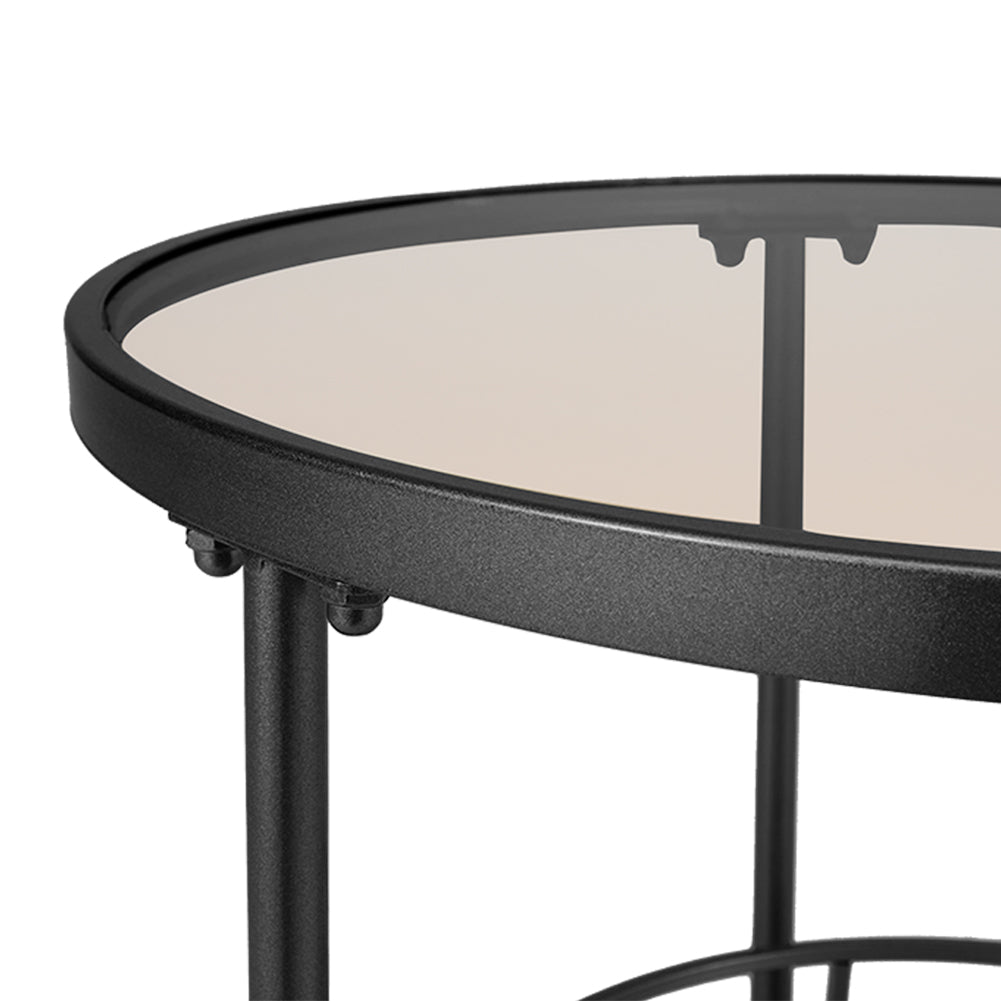 2 Tier Round Glass and Slate Coffee Table Black Metal Frame