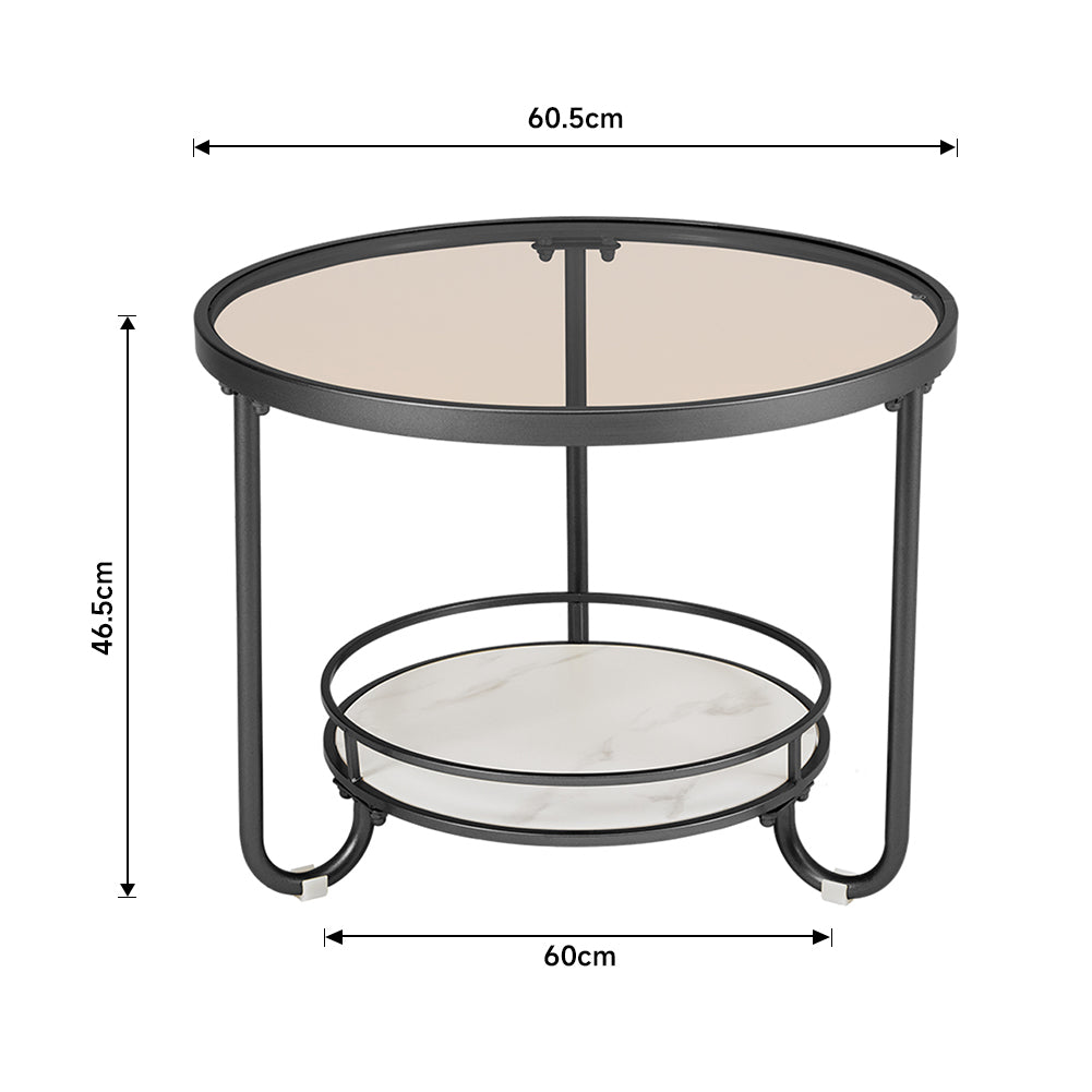 2 Tier Round Glass and Slate Coffee Table Black Metal Frame