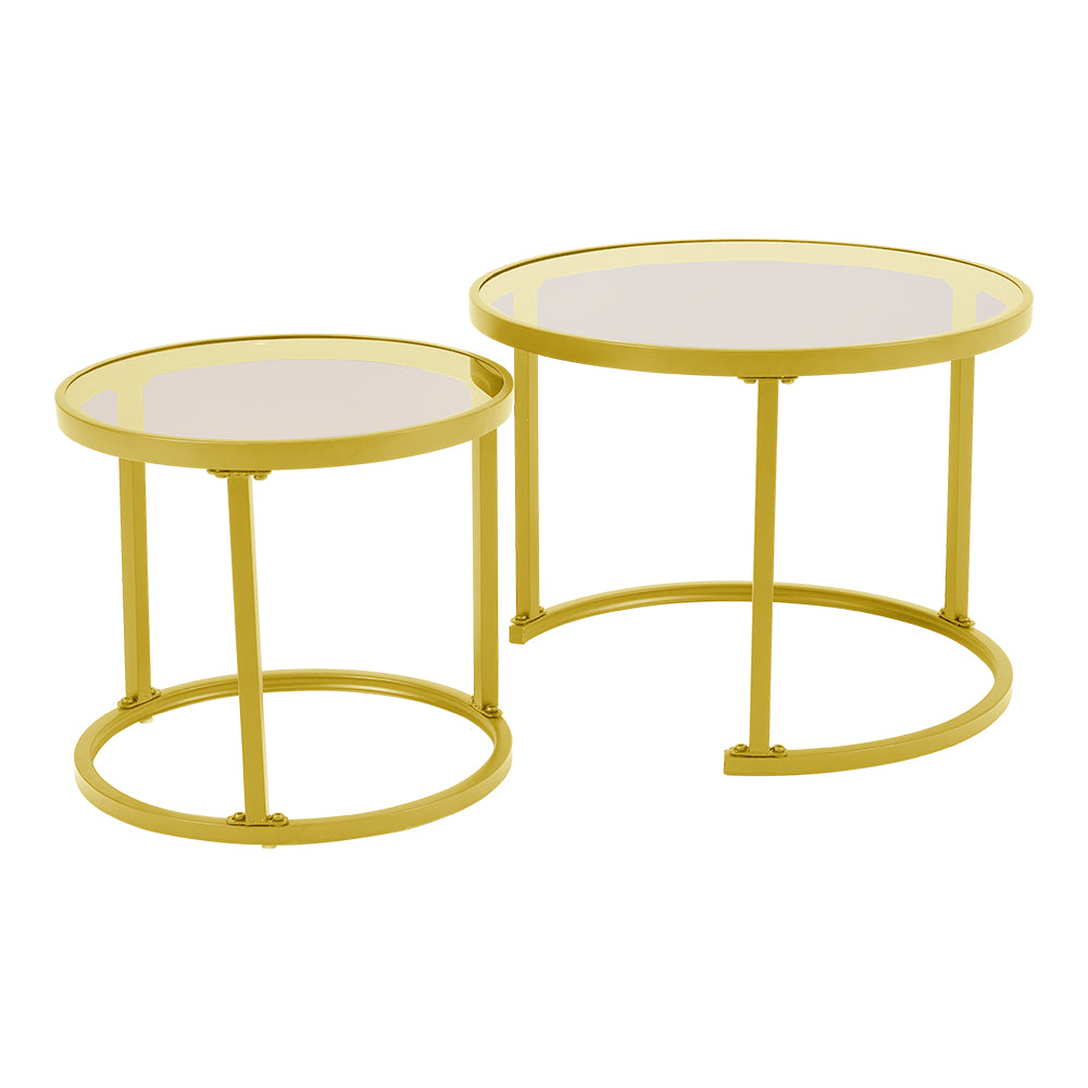 Tea Glass Round Golden Framed Nesting Coffee Table Set of 2 Side Table