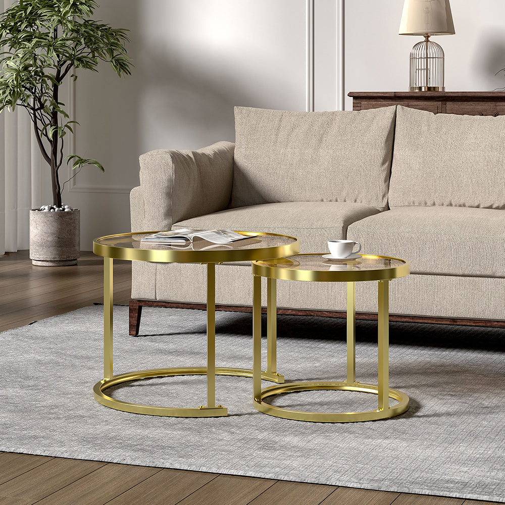 Tea Glass Round Golden Framed Nesting Coffee Table Set of 2 Side Table