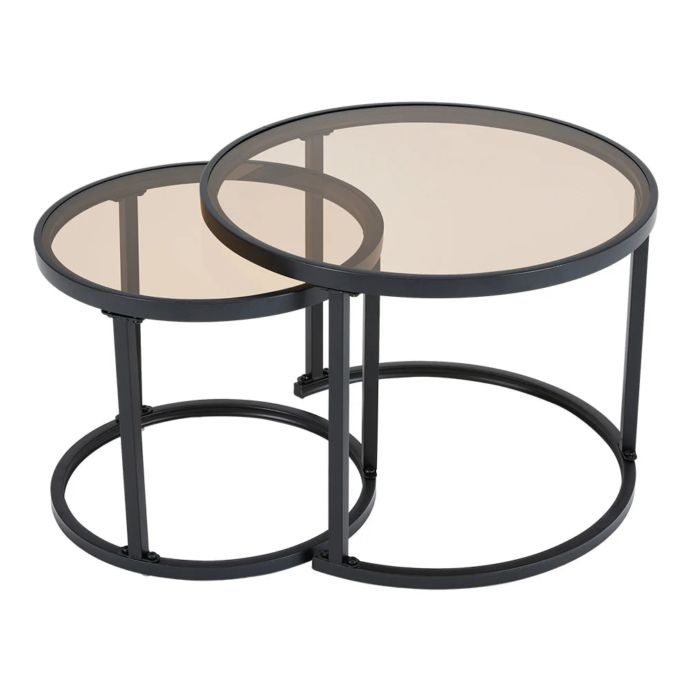 Tea Glass Round Black Framed Nesting Coffee Table Set of 2 Side Table