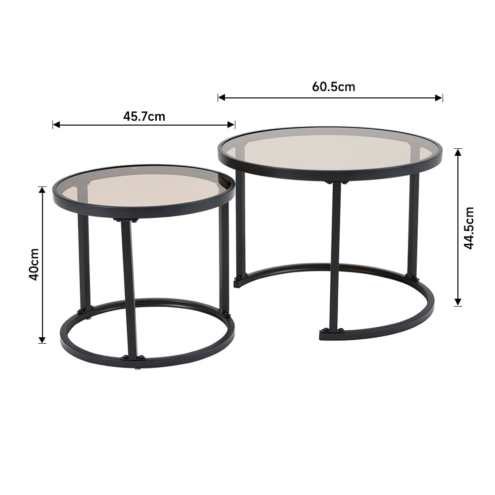 Tea Glass Round Black Framed Nesting Coffee Table Set of 2 Side Table