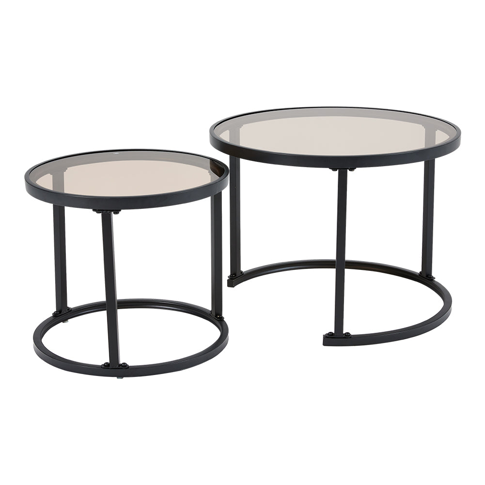 Tea Glass Round Black Framed Nesting Coffee Table Set of 2 Side Table