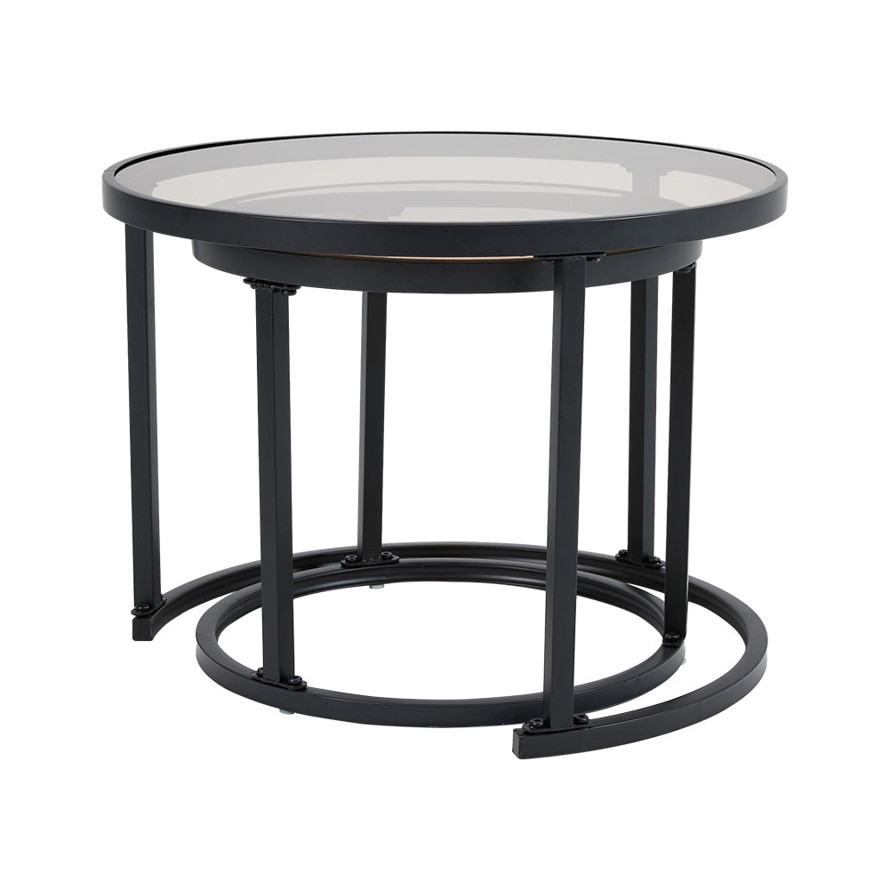 Tea Glass Round Black Framed Nesting Coffee Table Set of 2 Side Table